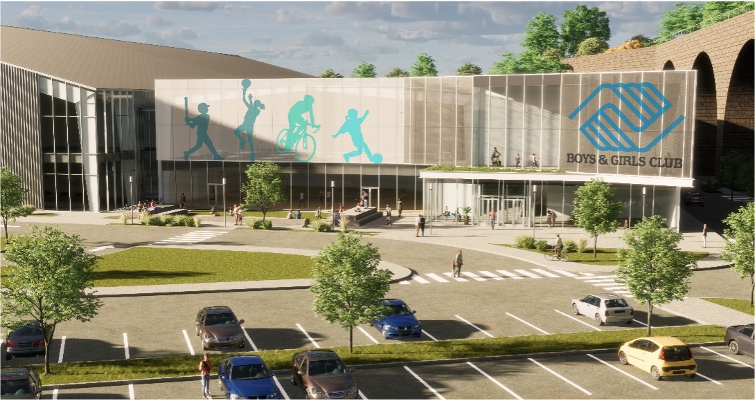 National Sports and Events Center Rendering showing the proposed entrance to a Boys and Girls Club on the expanded north side of the building. The main arena housing the National Velodrome is to the left.